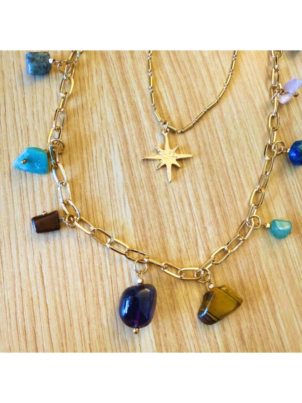 Long Layered Gold Necklace Star Pendant Natural Stone Charms Paperclip Chain - Picture 4 of 7